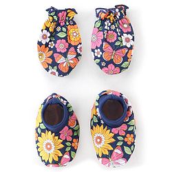 Babyhug 100% Cotton Knit Floral Printed Mittens & Booties - Navy Blue