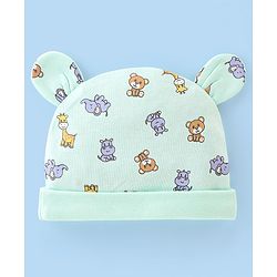 Babyhug 100% Cotton Free Size Cap With Animals Print - Sea Green