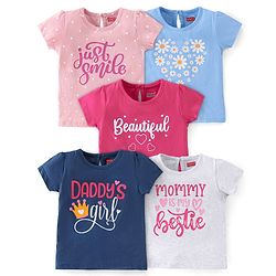 Babyhug 100% Cotton Knit Half Sleeves Tee With Floral & Text Graphics Pack of 5- Pink Grey & Blue
