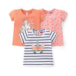 Babyhug 100% Cotton Knit Half Sleeves T-Shirts With Stripe & Unicorn Graphics Design Pack of 3 - Multicolor