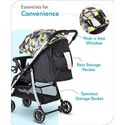Babyhug Travel Compact Baby Stroller with Reversible Handle Adjustable Backrest & Canopy - Yellow| Concealed Link Brake| Suspension Wheels