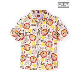 Babyhug Cotton Knit Half Sleeves Lion Printed Shirt - White & Beige
