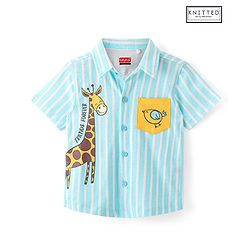 Babyhug Cotton Knit Half Sleeves Shirt Striped Giraffe &  Bird Print - Blue