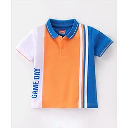 Babyhug Cotton Half Sleeves Polo T-Shirt With Text Graphics & Football Applique on Sleeve - Orange & Blue