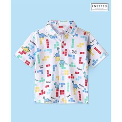Babyhug Cotton Knitted Half Sleeves  Regular Collar Shirt Dino Printed  - White