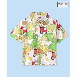 Babyhug Cotton Knitted Half Sleeves  Regular Collar Shirt Dino Printed  - White & Green