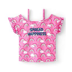 Babyhug Cotton Knit Cold Shoulder Sleeves Top with Frill Detailing  & Rainbow Print - Pink