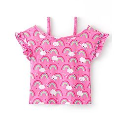 Babyhug Cotton Knit Cold Shoulder Sleeves Top with Frill Detailing  & Rainbow Print - Pink