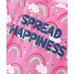 Babyhug Cotton Knit Cold Shoulder Sleeves Top with Frill Detailing  & Rainbow Print - Pink