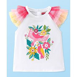 Babyhug Cotton Knit Half Sleeves Top with Floral Graphics & Frill Detailing - White
