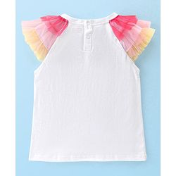 Babyhug Cotton Knit Half Sleeves Top with Floral Graphics & Frill Detailing - White