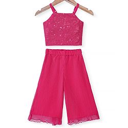 Babyhug Sleeveless Sequinned Top and Pleated Mesh Palazzo - Hot Pink