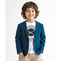 Babyhug Woven Full Sleeves Party Blazer With T-Shirt Aircraft Graphics - Blue & White