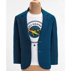 Babyhug Woven Full Sleeves Party Blazer With T-Shirt Aircraft Graphics - Blue & White