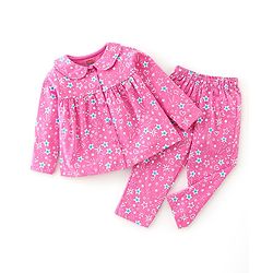 Babyhug 100% Cotton Knit Full Sleeves Night Suit With Star Print - Pink