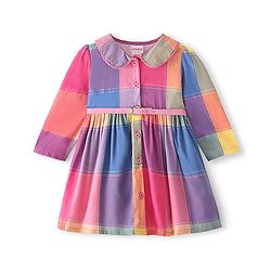 Babyhug Full Sleeves Dress Checkered - Orange & Pink
