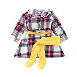 Babyhug Cotton Full Sleeves Checks Frock with Belt & Leggings - Multicolor