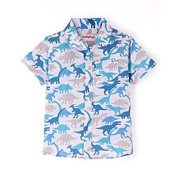 Babyhug Cotton Knit Half Sleeves Dino Printed Shirt - White & Blue