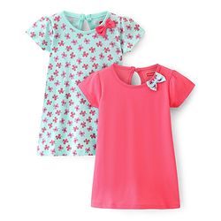 Babyhug 100% Cotton Knit Half Sleeves Frocks with Floral Print & Bow Applique Pack of 2- Pink & Blue