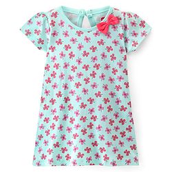 Babyhug 100% Cotton Knit Half Sleeves Frocks with Floral Print & Bow Applique Pack of 2- Pink & Blue