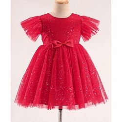 Babyhug Half Sleeves Party Frock with Glitter Print & Bow Detailing - Red
