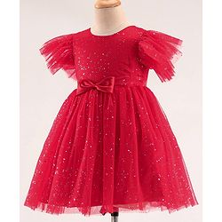Babyhug Half Sleeves Party Frock with Glitter Print & Bow Detailing - Red