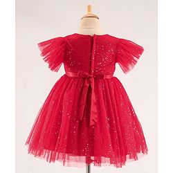 Babyhug Half Sleeves Party Frock with Glitter Print & Bow Detailing - Red