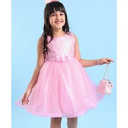 Babyhug Woven Sleeveless Sequinned Party Frock with Floral Corsage - Pink