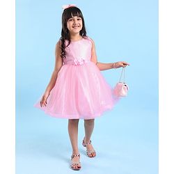 Babyhug Woven Sleeveless Sequinned Party Frock with Floral Corsage - Pink