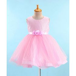 Babyhug Woven Sleeveless Sequinned Party Frock with Floral Corsage - Pink