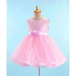 Babyhug Woven Sleeveless Sequinned Party Frock with Floral Corsage - Pink