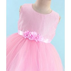 Babyhug Woven Sleeveless Sequinned Party Frock with Floral Corsage - Pink