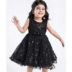 Babyhug Woven Sleeveless Party Frock with Floral Sequin Corsage & Net Detailing - Black