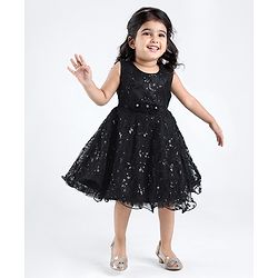 Babyhug Woven Sleeveless Party Frock with Floral Sequin Corsage & Net Detailing - Black
