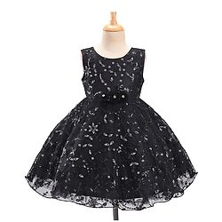 Babyhug Woven Sleeveless Party Frock with Floral Sequin Corsage & Net Detailing - Black