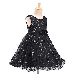 Babyhug Woven Sleeveless Party Frock with Floral Sequin Corsage & Net Detailing - Black