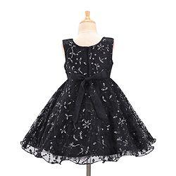 Babyhug Woven Sleeveless Party Frock with Floral Sequin Corsage & Net Detailing - Black
