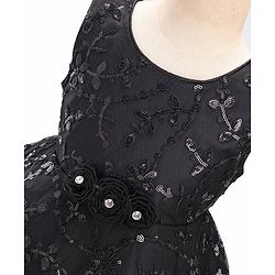 Babyhug Woven Sleeveless Party Frock with Floral Sequin Corsage & Net Detailing - Black