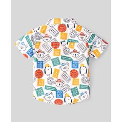 Babyhug Cotton Woven Half Sleeves  Regular Collar Shirt Teddy & Stamp Print - White