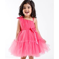 Babyhug Sleeveless Mesh Party Frock with Bow Applique -  Magenta
