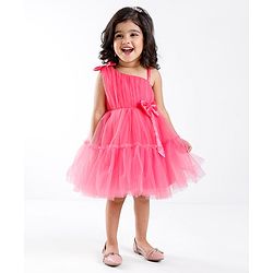 Babyhug Sleeveless Mesh Party Frock with Bow Applique -  Magenta