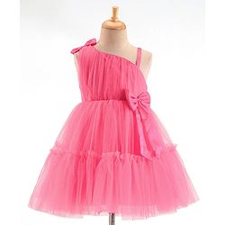 Babyhug Sleeveless Mesh Party Frock with Bow Applique -  Magenta