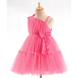 Babyhug Sleeveless Mesh Party Frock with Bow Applique -  Magenta