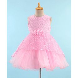 Babyhug Sleeveless Embroidered Party Frock with Floral Applique -  Light Pink