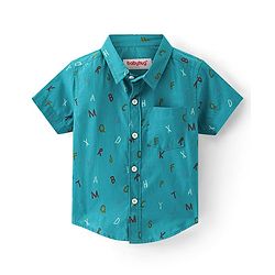 Babyhug 100% Cotton Woven Half Sleeves Regular Collar Alphabet Print Shirt- Green