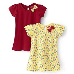 Babyhug 100% Cotton Single Jersey Knit Half Sleeves Frock With Bow Applique & Leaf Print Pack Of 2 - Yellow & Red