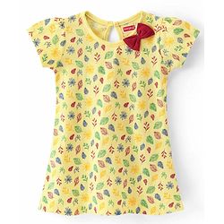 Babyhug 100% Cotton Single Jersey Knit Half Sleeves Frock With Bow Applique & Leaf Print Pack Of 2 - Yellow & Red