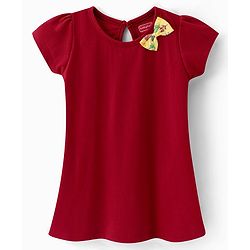 Babyhug 100% Cotton Single Jersey Knit Half Sleeves Frock With Bow Applique & Leaf Print Pack Of 2 - Yellow & Red