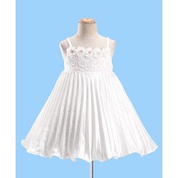 Babyhug Sleeveless Pleated Satin Party Frock with Floral Applique -  Off White