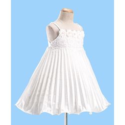 Babyhug Sleeveless Pleated Satin Party Frock with Floral Applique -  Off White